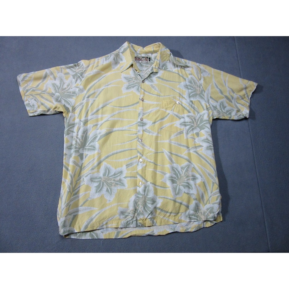 Tori Richard Shirt Mens Large Vtg Yellow White Floral Hawaiian Aloha Rayon Camp